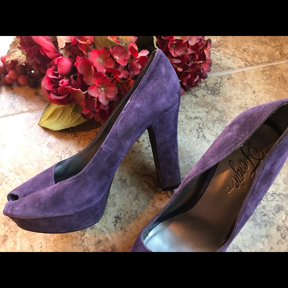 Purple Suede Fergie Peep-toe Platforms